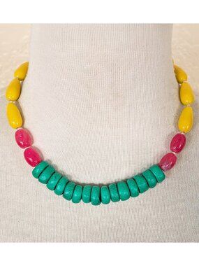 Boho Tropical Teal, Yellow & Fuchsia Agate & Clay Statement Necklace
